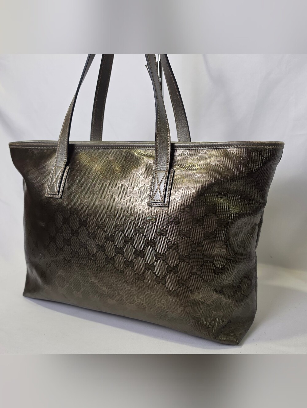 Authentic Gucci GG Imprimé coated fabric Leather Metallic Khaki Tote Bag Purse - Picture 5 of 14
